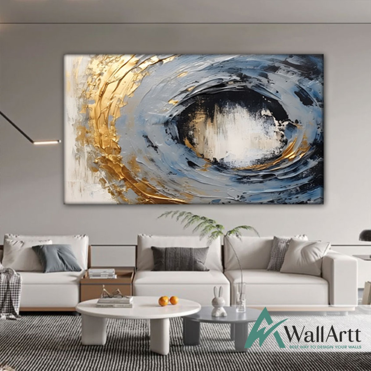 Blue Grey with Gold Foil Abstract 3d Heavy Textured Partial Oil Painting